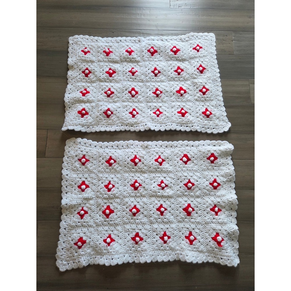 Vintage Handmade Crochet Pillow Shams Set of 2 White Red Popcorn Stitch 30x20